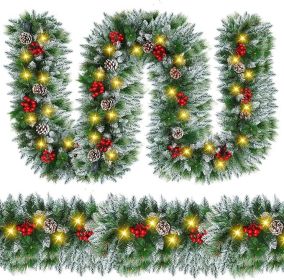 Christmas Garland with Lights - 9FT Pre-Lit Flocked Garland with 30 LED Bulbs, Red Berries, Pine Cones