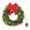 Christmas Wreath, 24 Inches Pre-Lit Artificial Christmas Wreath with 50 LED Lights and Timer, Decorated with Pine Cones, Red Berry Clusters
