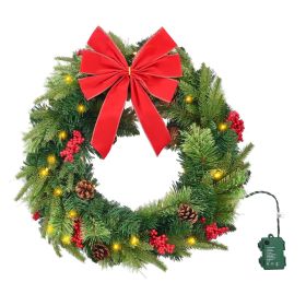 Christmas Wreath, 24 Inches Pre-Lit Artificial Christmas Wreath with 50 LED Lights and Timer, Decorated with Pine Cones, Red Berry Clusters
