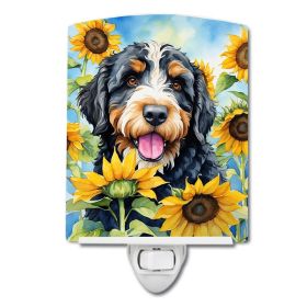 NEW Bernedoodle in Sunflowers Ceramic Night Light Compact, UL-Certified, Ideal for Bedroom, Bathroom, Nursery, Hallway, Kitchen, 6x4x3, Multicolo