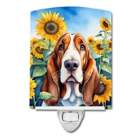 NEW Basset Hound in Sunflowers Ceramic Night Light Compact, UL-Certified, Ideal for Bedroom, Bathroom, Nursery, Hallway, Kitchen, 6x4x3, Multicol (Default: Default)